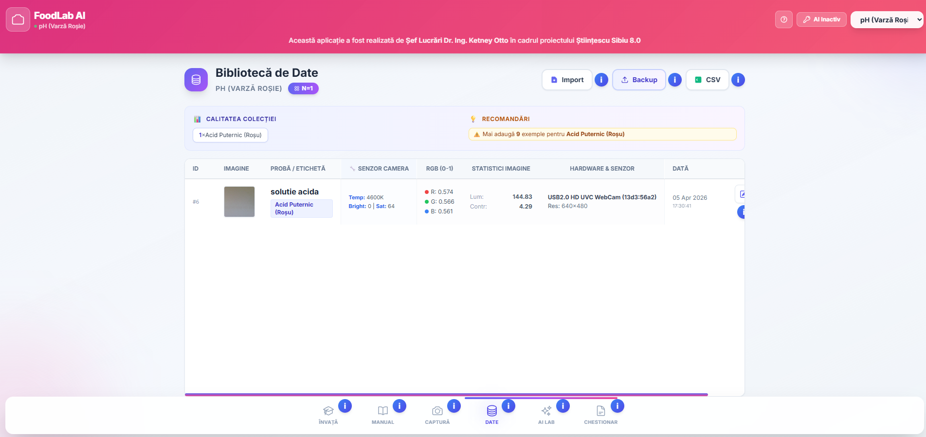 Biblioteca de Date cu probele colectate