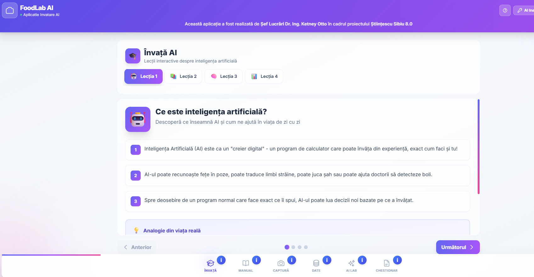 Tab-ul Învață AI din FoodLab — lecții interactive despre inteligența artificială